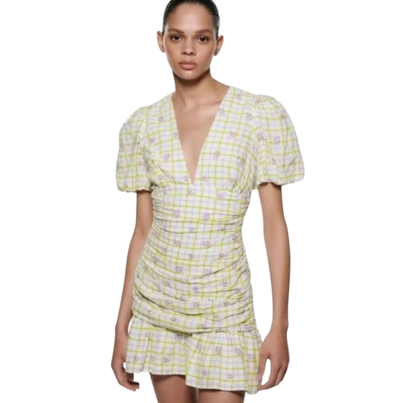 Zara Gingham Floral Ruched Mini Dress Size Small - Picture 1 of 7